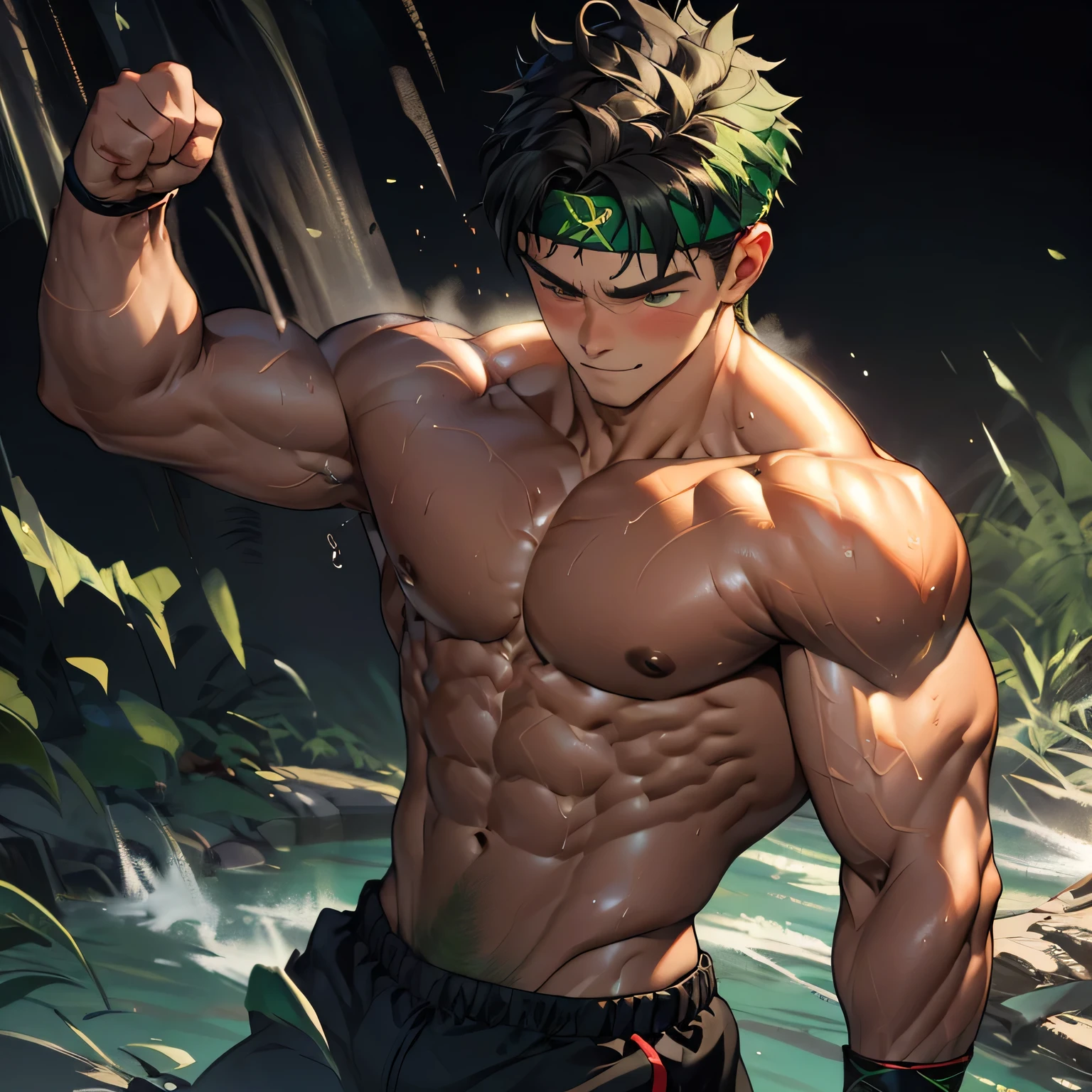 (Masterpiece, Best quality 19 year old boy, black background), solo, Young, boy, muscler, Shirtless, topless, ((((get knocked out, sweat, swoon, steam, defeat, damage, groggy, lose, fearless smile, surrounded by swirling green aura)))), (Dark Short straight hair, ((almost completely shaved hair)), under cut, brown eyes), (red headband, ((black wristband))), Vivid colors, ((hot Abs:1.2, abs!, big abs, big breast:1.2, chest!, muscler upper arms, clenched fist)), (topless male), muscler!, muscler body, Man with martial arts stance, detailed face, detailed muscle, (((random fighting pose, powerful, action, rippling muscles, green aura around body, concentrate)))