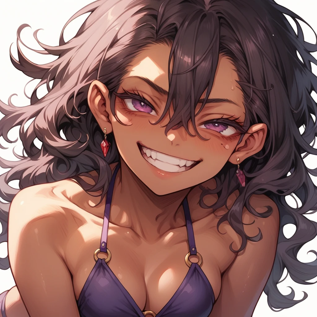 Pontuação_9 pontuação_8_acima, girl,hair long messy brown,eyes purple,bikini dark red,big tits,face smug
