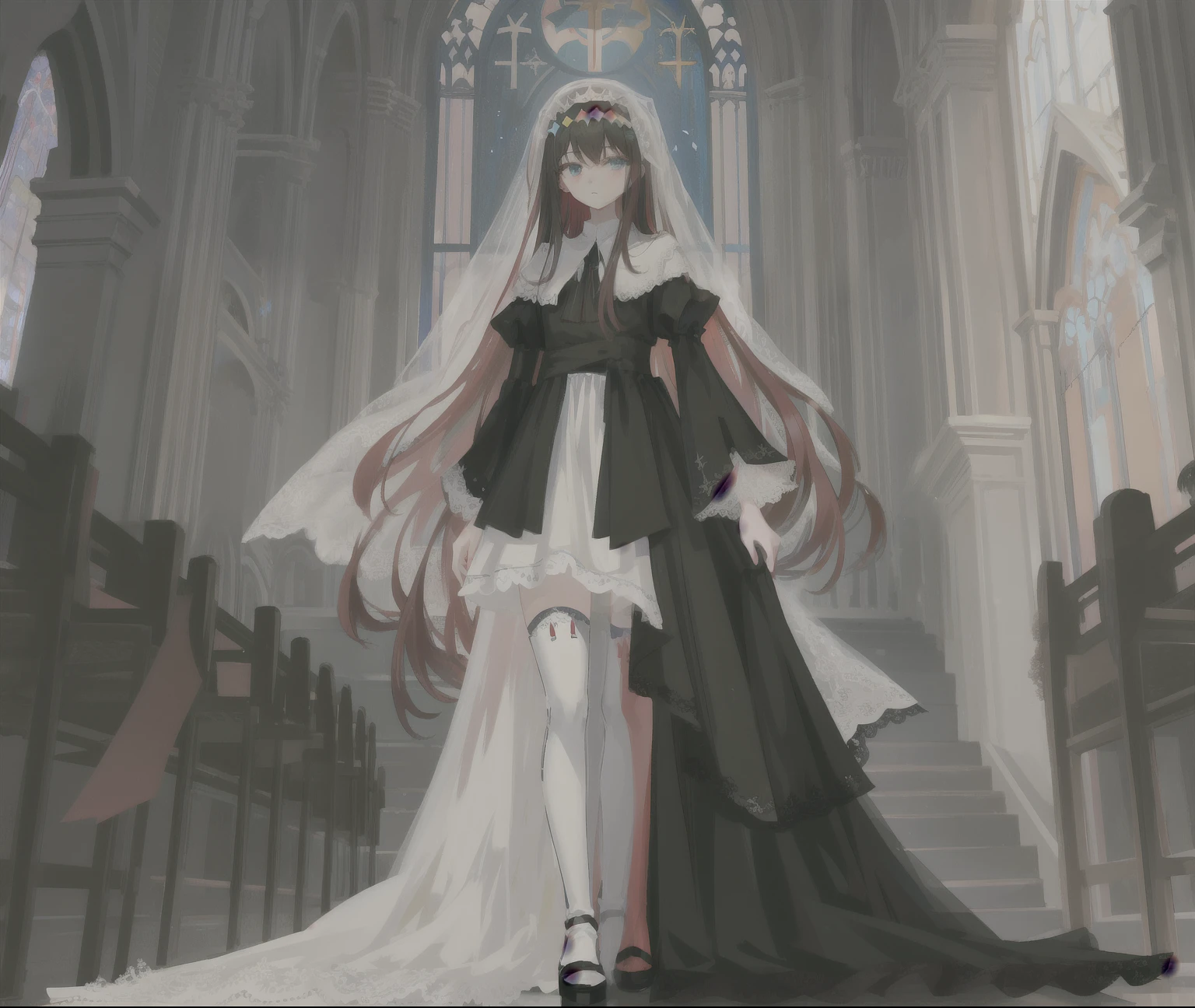 {{{masterpiece}}}, {{best quality, super fine illustration}}, ((dense hair)), ((beautiful eyes)),{perfect and delicate limbs}, {{very fine 8K CG wallpaper}}, ((an extremely delicate and beautiful girl)), dynamic angle, solo, (nakamura_yuri-22500-41000:1.0), 1 (emotionless and shy:1.3) (holy:1.6) (bride:1.1) (standing in detailed church and wedding:1.5) with red hairband and blue eyes and (black long hair:1.3) and (gigantic breasts:1.0) and (wearing very long frilled wedding dress spreading on the floor:1.3) and (green bow on head:1.2) and (thick thighs and black legwear:1.4) and blush, (full body:1.3),