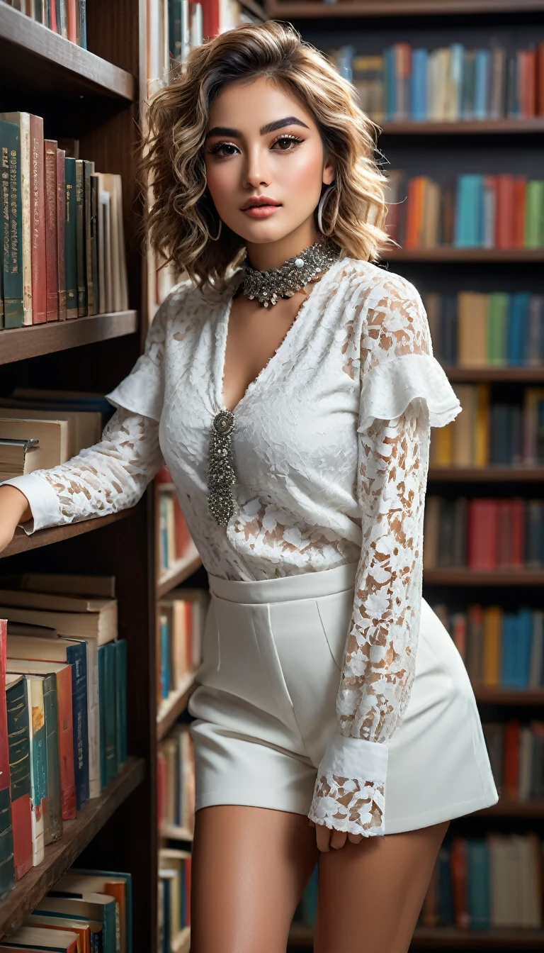 (((beautiful beautiful Isabela Merced, posing for photoshots, looking ????, closed lips, extremely beautiful eyes))), ((wearing floral silver necklace)), realistic photoshotgraph, highy detailed, Spitz focus, (Main lighting), (indoor bookstore environment), work of art, very short and curly hair, bangss, bangss covering forehead, ((Short blonde hair, selvagem e cacheado e bangss:1.2)) extremely beautiful, Perfect beauty, (perfect shape body, Broad ????, small waist, thick-thighs, firm abs, Body cute, ???? legs, gorgeous knees knees, kneecaps, focus on the knees, ??????? small), ((30 years old)), (extremely detaild 8k wallpaper), ((face detailed)), (((wearing  white shirt, saia curta de tweed, kneecaps, knees, nylons with a seam, Strad sandals)), (long dark eyelashes), (((aretes))), (looking at the camera), (((kneecaps)))) (glamor model), (seductive facial expression) (((standing between tall shelves full of books))), extremely detaild, work of art, details Intricate, highy detailed, Spitz focus, skin detailed, realistic skin texture, texture, detailedeyes, high resolution, kodak vision color, photoshot_\(ultra\), Post-processing, maximum detail, roughness, real-life, ultra realistic, photoshotrealism, photoshotgraphy, absurderes, RAW photoshot, highest quallity, high detail RAW color photoshot, professional photoshot, extremely detaild UHD 8k wallpaper unit, best qualityer, high resolution, (work of art, maximum quality, high resolution:1.4), photoshot, cinematic, Film grain, Spitz, soft natural light, magic photoshotgraphy, super verbose