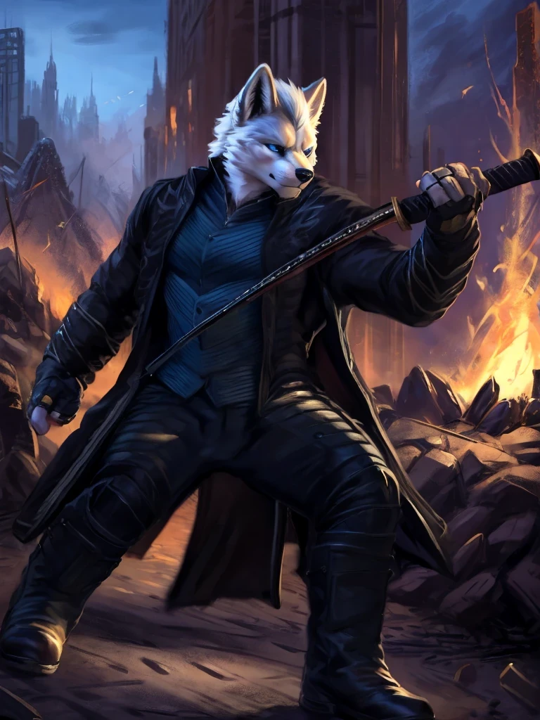 Vergil, blue clothing, robe, katana with white handle, devil may cry, white hair, slick back, blue eyes, cold stare, holding katana, detailed, realistic, dynamic pose, swinging katana, facing viewer, fight scene, running, detailed background, destroyed city background, fire, arctic fox, white fur, high quality, highest quality, by zackary911, by chunie, katana