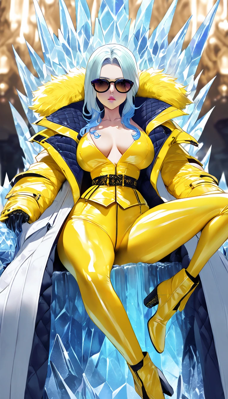 ((Super realistic details)) Shadow、octan render、8K、ultrasharp、Steampunk Body、Details of complex ornaments、cold color、Gothloli details、highly intricate detail、Realistic light、CGSoation Trends, radiant eyes featuring a stylish and confident evil ice queen, she has an arrogant look .modern fashion. dressed in bold and fashionable all yellow rubber outfits, showcasing a unique combination of elegance and strength. attire includes sleek, form-fitting dressed and bodysuit made of shiny materials, paired with oversize long latex coat that have (((dramatic high collar of coat))), (((high collar of coat))) (((very high and wide collar of coat))), (((collarbone))) and intricate patterns. The colors and designs vary, featuring a long coat with patterned latex coat. outfit is accentuated with latex boots and latex gloves, sunglasses, emphasizing her commanding and poised presence. Highlight her modern, daring fashion sense and her ability to dominate any space with her fashionable and assertive demeanor, sexy pose Sit with your legs apart, Leg spread, on ((ice throne on ice palace)), nudity.