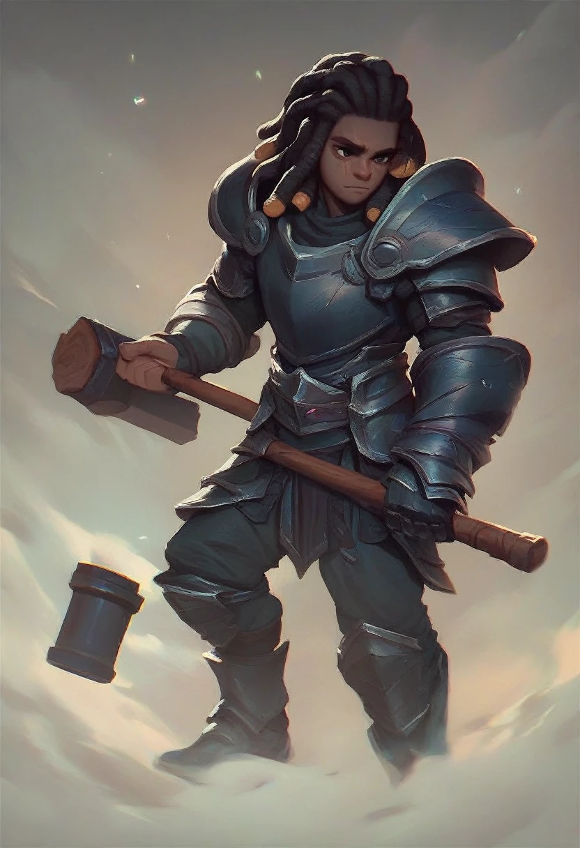make a character of D&D young black man with short dreadlocks hair, in the paladin class in black armor with crests holding a two-handed hammer.
