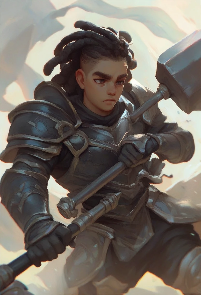 make a character of D&D young black man with short dreadlocks hair, in the paladin class in black armor with crests holding a two-handed hammer.
