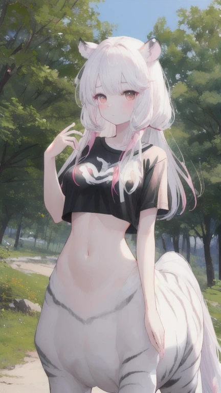 (best quality, masterpiece), 1 girl, centaur, It takes, White skin, Korean ,daughter, black pink, exposing the abdomen, belly button t-shirt , 아름다운 소녀 Perfect wild white tiger photo, Perfect wild white tiger photo