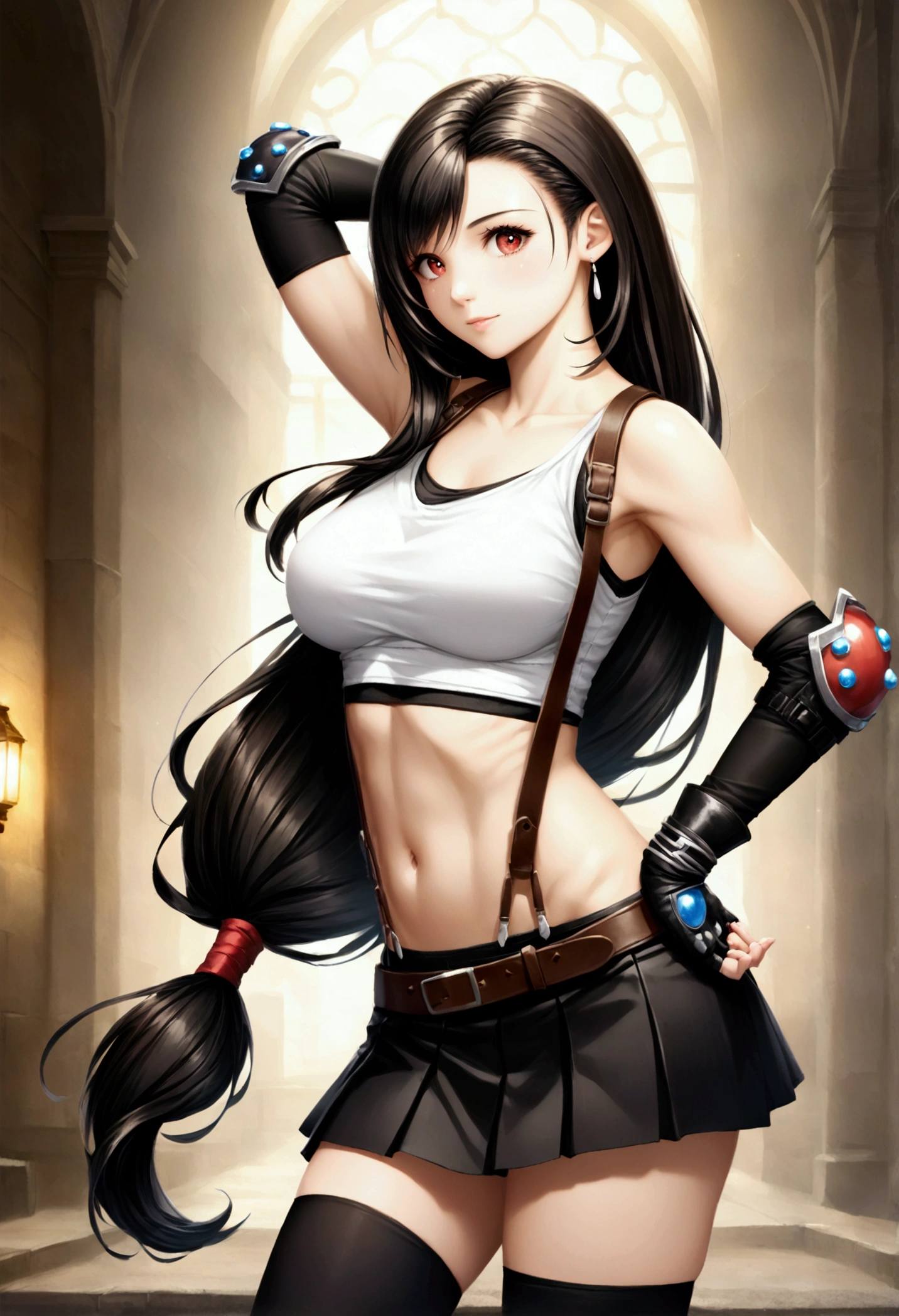 score_9, score_8_up, score_7_up,,BREAK , ,from side,front view,side angle,,standing,contrapost,upperbody ,,straight-on,Solo,1girl, tifa lockhart, final fantasy,ultra beautiful ,black hair, low-tied long hair, red eyes, bangs, (white tank top,gap),High exposure,Belly exposure,the ribs,(belt, pleated skirt, thighhighs, elbow fingerless gloves, elbow pads, midriff, navel,suspenders.skirt),beautiful waist ,((large_breast:1.3)),light smile,,hand on own hip,daytime,outdoor,(ultra detailed),(best quality),(aesthetic,very aesthetic),UHD,photorealistic,game cg.extremely detailed CG unity 8k wallpaper,anime,depth of field,,,