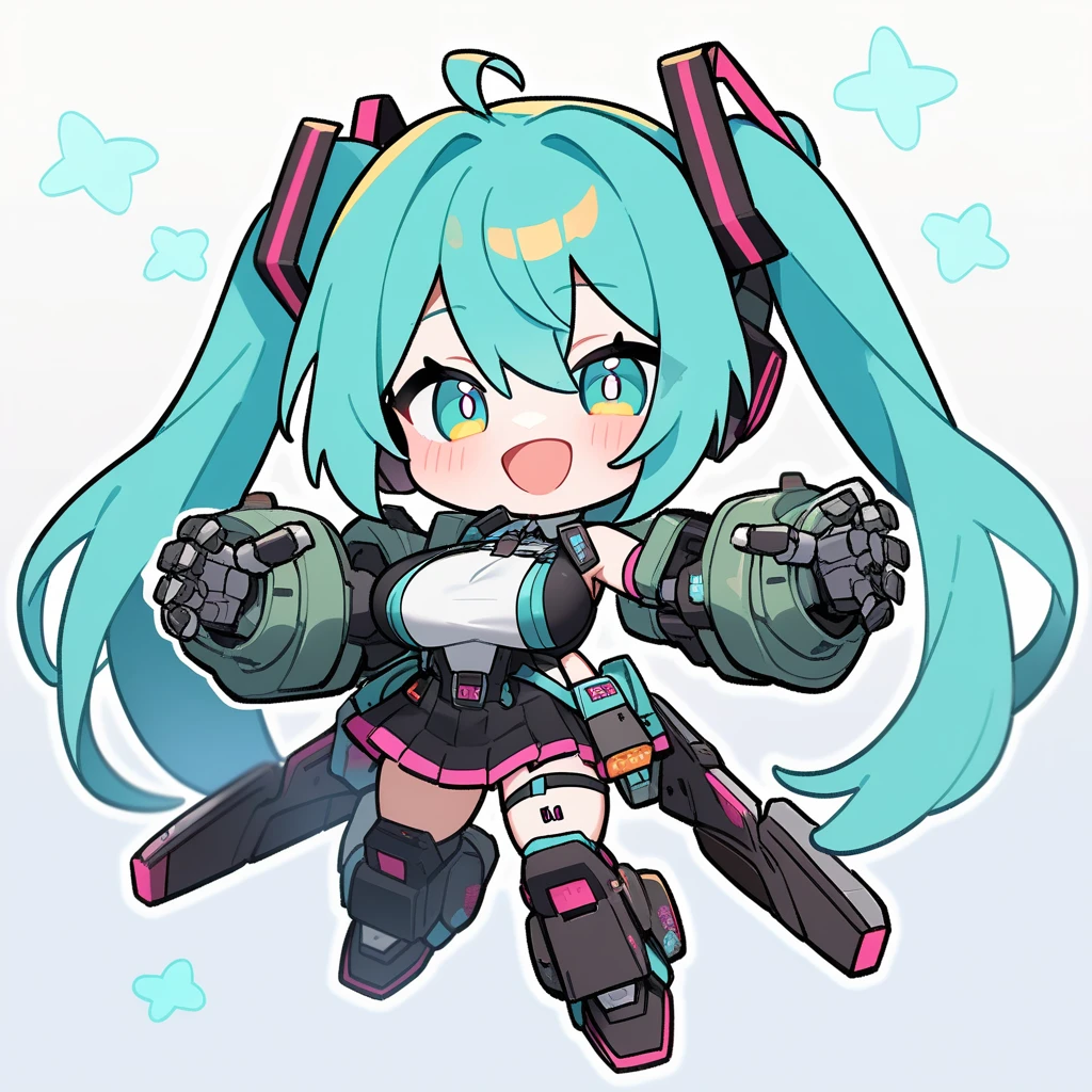 1Girl, hatsune miku, smile ,big breasts, singing, looking at viewer, masterpiece, aesthetic, newest, white outline,chibi,full body, mecha musume