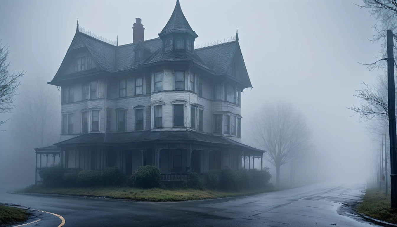 Scary horror image,the streets were deserted, and the dense fog made visibility almost zero.. PICTURE REALISTIC, high resolution, 8K