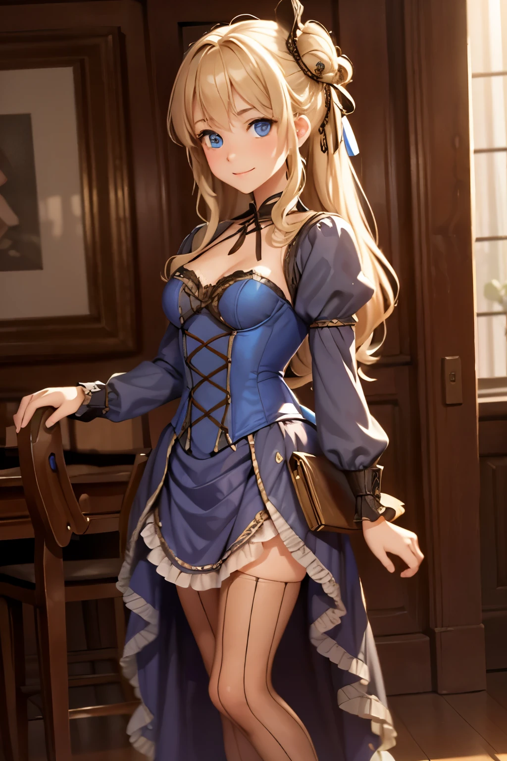 village realisticlying、Virginia Otis 15-year-old blonde hair blue eyes、City of victorian age, Europe. aristocrat girl、Looking up from below、 wear long sleeve sheer fabric dress、Various dynamic  sexy poses、Face smile、cute face, Depicts the whole body、