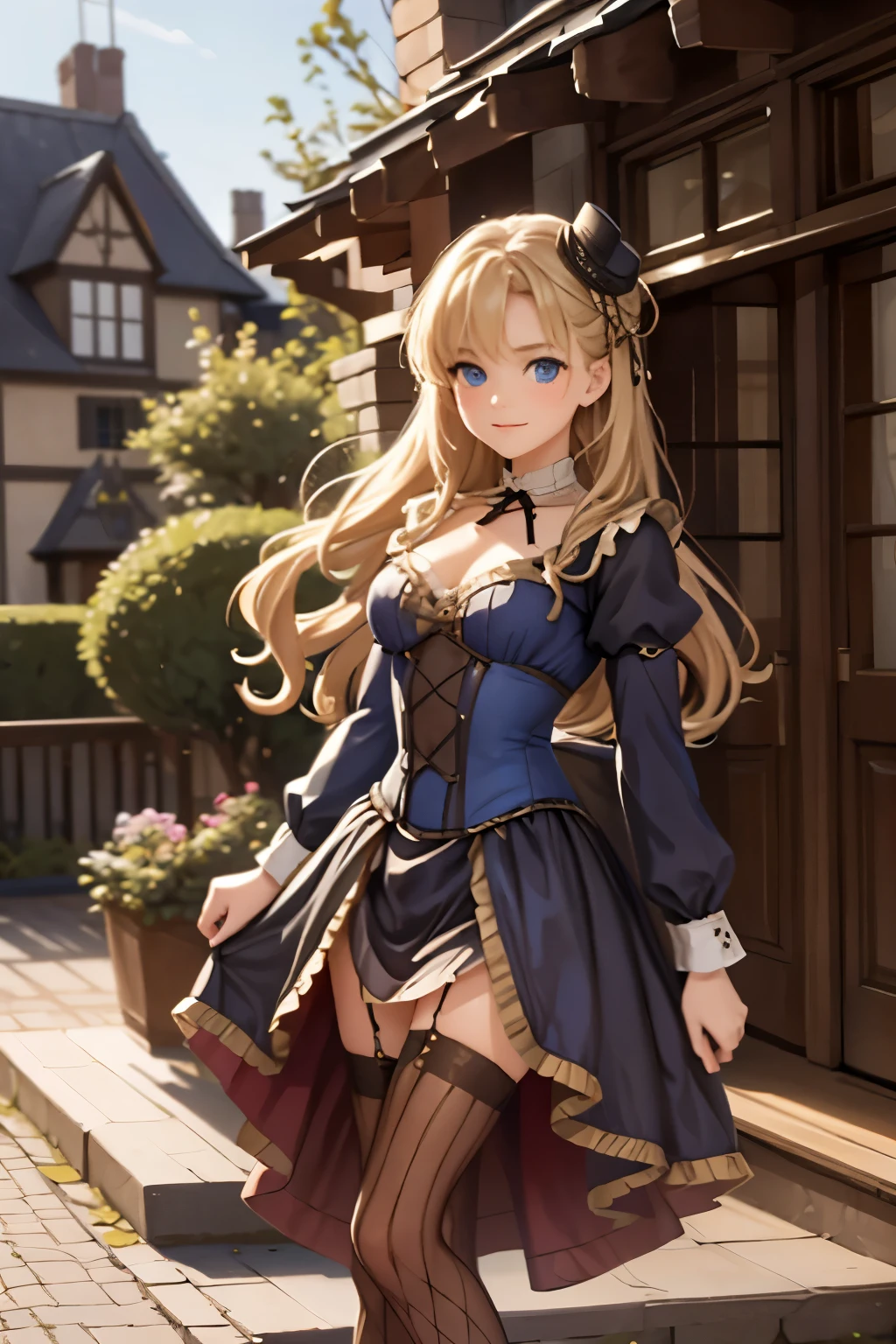 village realisticlying、Virginia Otis 15-year-old blonde hair blue eyes、City of victorian age, Europe. aristocrat girl、Looking up from below、 wear long sleeve sheer fabric dress、Various dynamic  sexy poses、Face smile、cute face, Depicts the whole body、