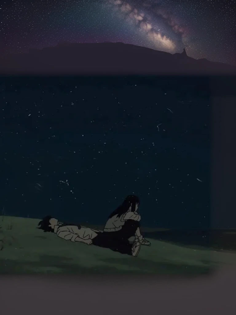 une femme assise par terre sous un ciel nocturne avec des étoiles, scène d&#39;anime, beautiful scène d&#39;anime, par Shingei, incredible scène de film d&#39;animation, Takato Yamamoto Esthétique, animé atmosphérique, Conrad Roset et Makoto Shinkai, Takato Yomamoto. 4k, scène de film d&#39;animation, Mamoru Hosoda, par Yoshio Markino, fond d&#39;anime