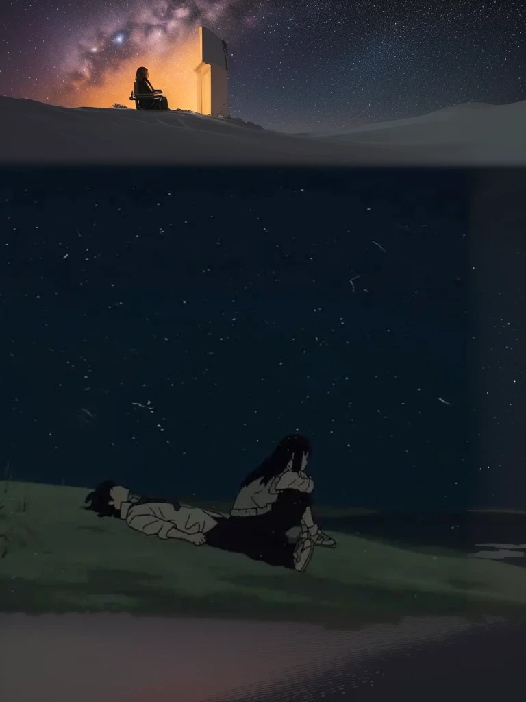 une femme assise par terre sous un ciel nocturne avec des étoiles, scène d&#39;anime, beautiful scène d&#39;anime, par Shingei, incredible scène de film d&#39;animation, Takato Yamamoto Esthétique, animé atmosphérique, Conrad Roset et Makoto Shinkai, Takato Yomamoto. 4k, scène de film d&#39;animation, Mamoru Hosoda, par Yoshio Markino, fond d&#39;anime