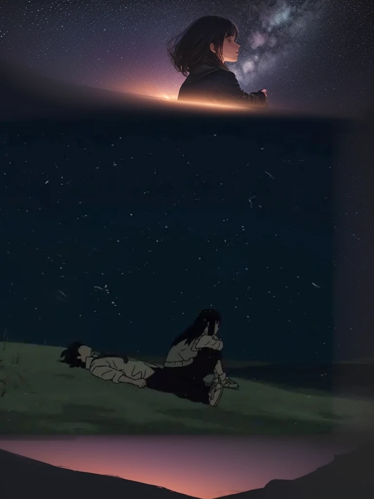 une femme assise par terre sous un ciel nocturne avec des étoiles, scène d&#39;anime, beautiful scène d&#39;anime, par Shingei, incredible scène de film d&#39;animation, Takato Yamamoto Esthétique, animé atmosphérique, Conrad Roset et Makoto Shinkai, Takato Yomamoto. 4k, scène de film d&#39;animation, Mamoru Hosoda, par Yoshio Markino, fond d&#39;anime
