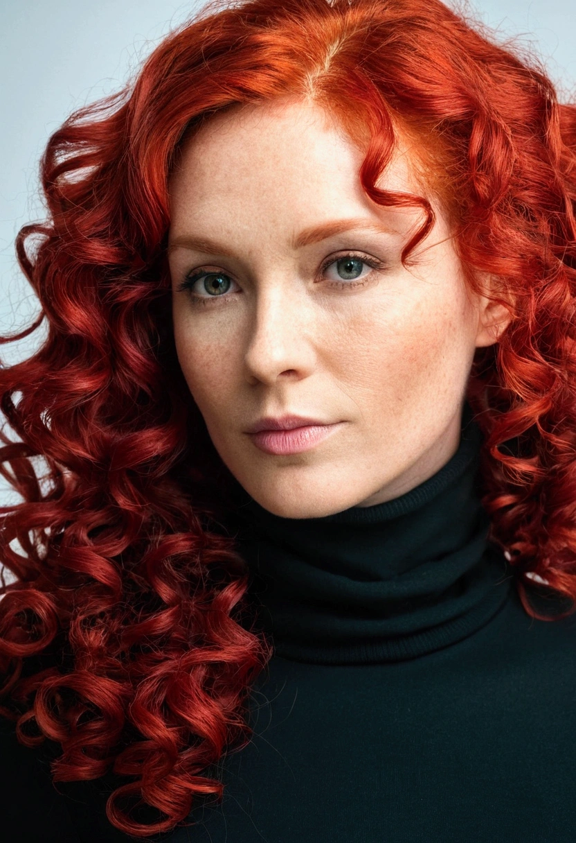 there is a woman with red hair and a black turtle neck,woman with red hair, Portrait of a woman with red hair, vibrant and vibrant red hair, , curly red hair, with curly red hair, color portrait, headshot portrait, curly red hair