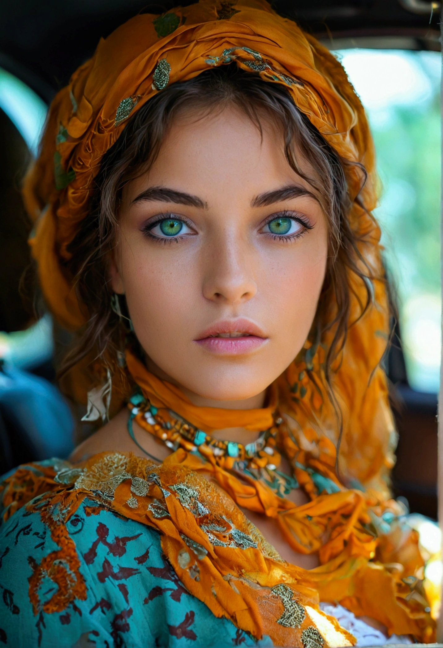 femme arafée avec un débardeur blanc et un collier, fille sexy aux yeux verts, portrait sophe boue, cheveux bruns et grands yeux, selfie d'une jeune femme, yeux de la chambre, violette myers, sans maquillage, maquillage naturel, regarder directement la caméra, visage avec artgram, maquillage subtil, stunning Tout le corps shot, yeux verts perçants, bel angle, pose attrayante, jolie fille, pose sexy, Tout le corps picture, Tout le corps, Tout le corps shoot, déesse brune, détail élevé, pose satisfaite, pantalon en cuir (assis dans une voiture)