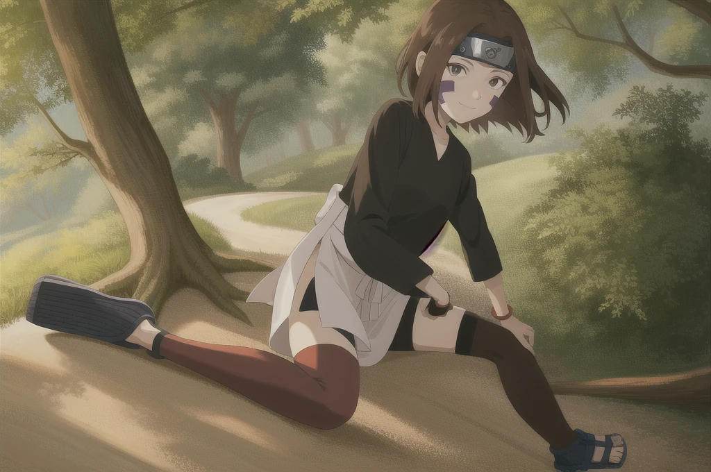 1girl, solo, brown hair, brown eyes, waist apron, short hair, forehead protector, smile, (black shirt:1.1), facial mark, full body, long sleeves, bracelet, konohagakure symbol, headband, sandals, bike shorts, bangs, thighhighs, bandages,anime coloring, full body, toeless footwear,black thighhighs,outdoors,forest,day,cloud,sitting, looking at viewer, closed mouth,