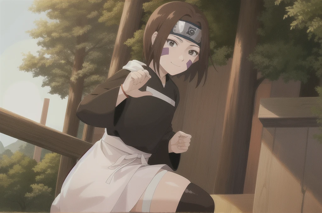 1girl, solo, brown hair, brown eyes, waist apron, short hair, forehead protector, smile, (black shirt:1.1), facial mark, full body, long sleeves, bracelet, konohagakure symbol, headband, sandals, bike shorts, bangs, thighhighs, bandages,anime coloring, full body, toeless footwear,black thighhighs,outdoors,forest,day,cloud,sitting, looking at viewer, closed mouth,