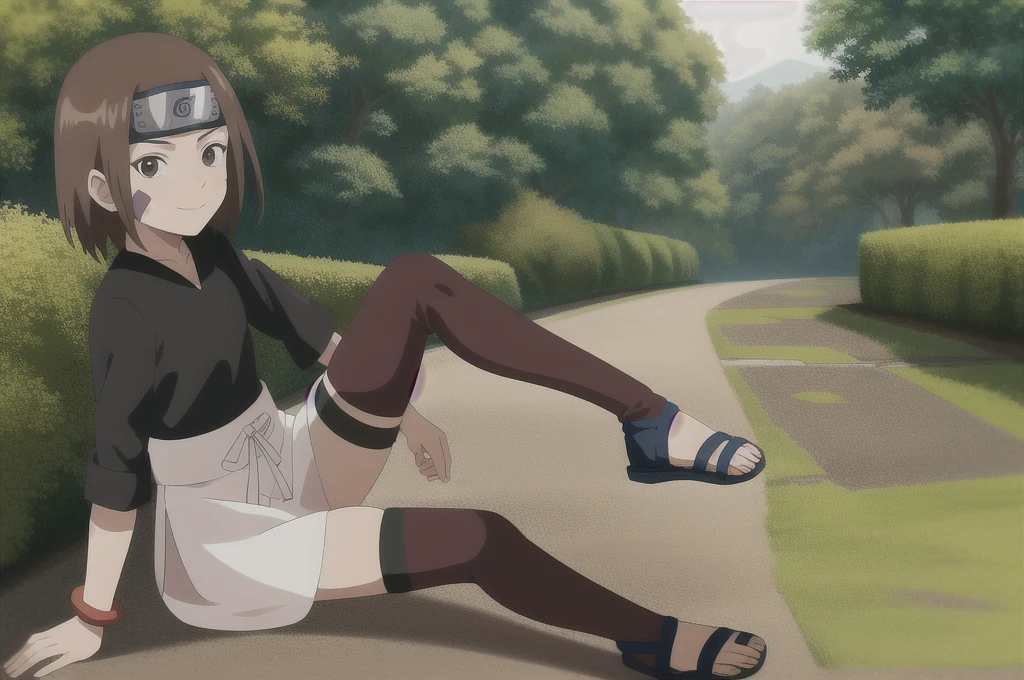 1girl, solo, brown hair, brown eyes, waist apron, short hair, forehead protector, smile, (black shirt:1.1), facial mark, full body, long sleeves, bracelet, konohagakure symbol, headband, sandals, bike shorts, bangs, thighhighs, bandages,anime coloring, full body, toeless footwear,black thighhighs,outdoors,forest,day,cloud,sitting, looking at viewer, closed mouth,