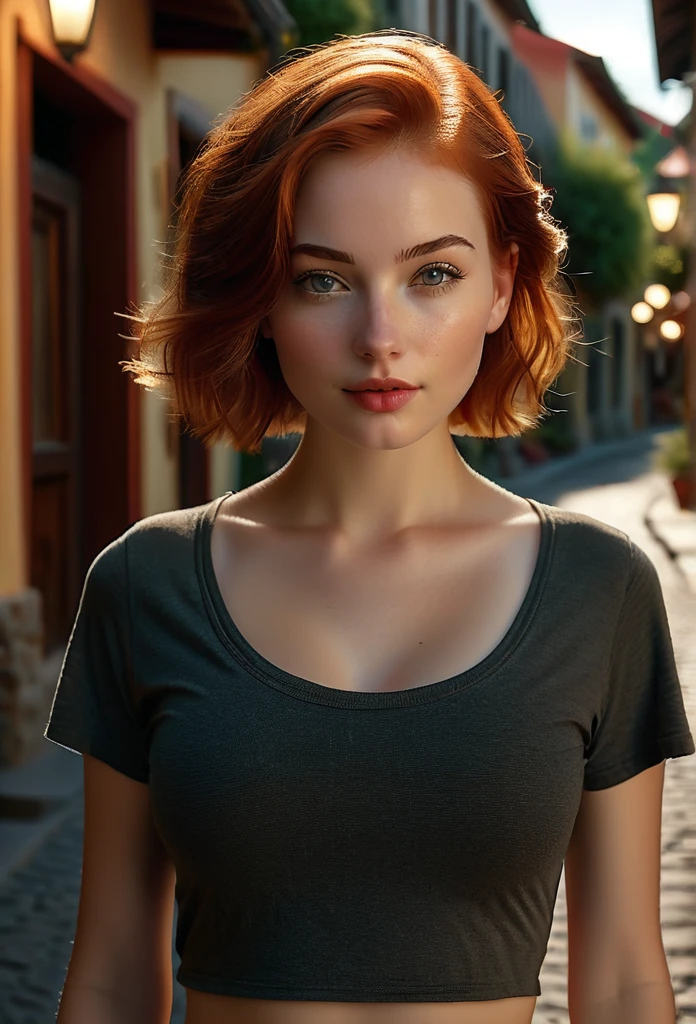 A young girl poses on a quiet street in a resort town. The girl has extremely detailed eyes, beautiful lips, long eyelashes and perfect anatomy. Her fragile body and hands are worked out to the smallest detail, with realistic, photorealistic and the highest quality rendering. The lighting is Rembrandt-esque, creating a dramatic, masterpiece scene. She has a European appearance, with a cute oval face, short red hair and huge breasts. The woman looking like a high quality work of photographer David Dubnitsky. Her pale skin shows pores and moles, and she is wearing a tight T-shirt and short shorts. She removes the short shorts and exposes her bare pussy. The scene was shot on a DSLR camera in 8K UHD resolution, with soft lighting and film grain.