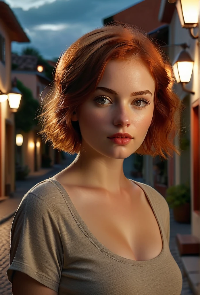 A young girl poses on a quiet street in a resort town. The girl has extremely detailed eyes, beautiful lips, long eyelashes and perfect anatomy. Her fragile body and hands are worked out to the smallest detail, with realistic, photorealistic and the highest quality rendering. The lighting is Rembrandt-esque, creating a dramatic, masterpiece scene. She has a European appearance, with a cute oval face, short red hair and huge breasts. The woman looking like a high quality work of photographer David Dubnitsky. Her pale skin shows pores and moles, and she is wearing a tight T-shirt and short shorts. She removes the short shorts and exposes her bare pussy. The scene was shot on a DSLR camera in 8K UHD resolution, with soft lighting and film grain.