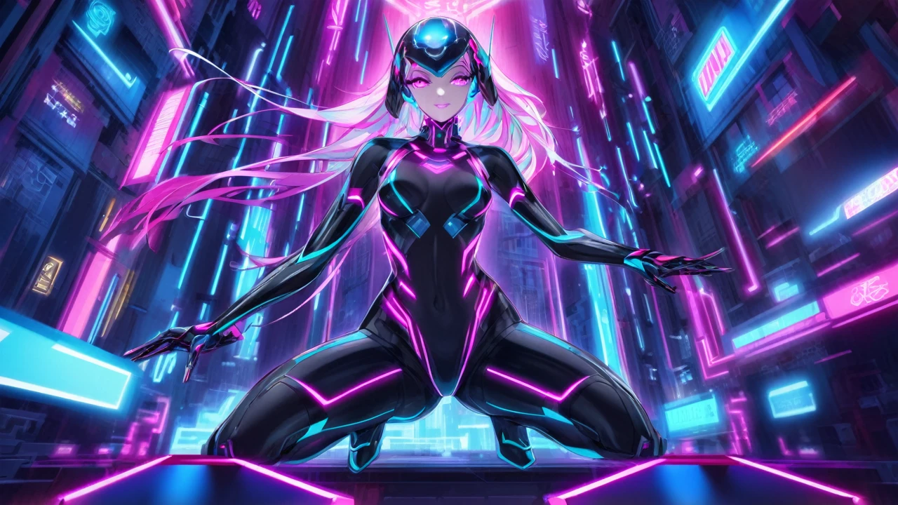 woman wearing glowing retrowavetech virtual bodysuit, corporate logos,voxel reality, scifi scene, <lora:MG_jijia:0.6> <lora:RetrowaveTech:0.9>