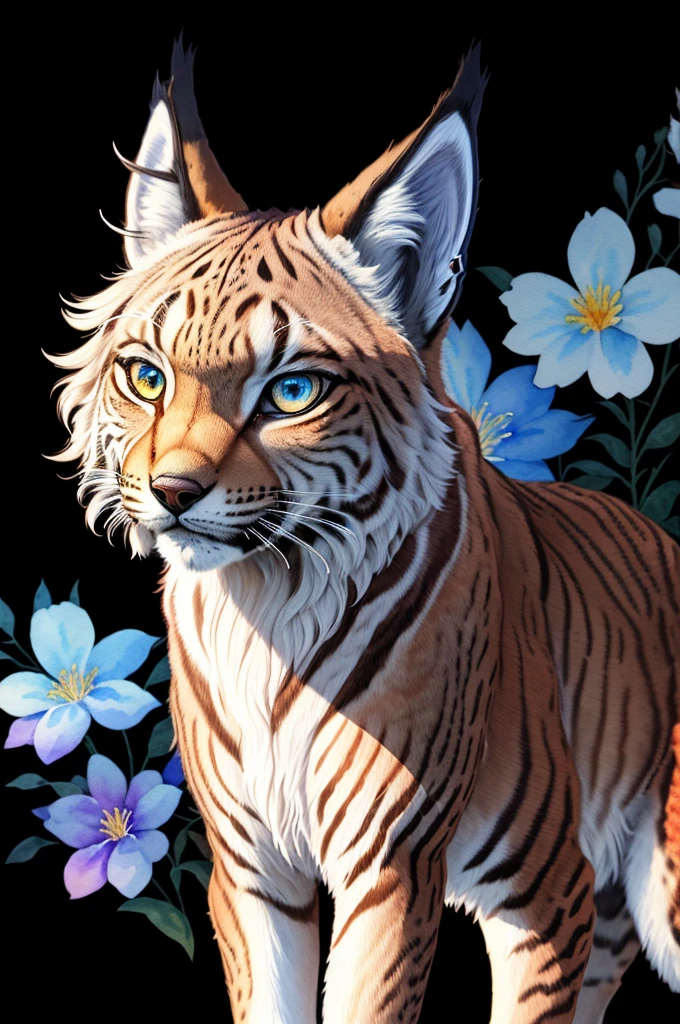 ((animal,Watercolor painting, a lynx,cute)), art with colorful flowers, blue colored eyes, look at the camera, from front view, action photo, shiny colors, high détail, black backdrop, Logo design, Neo-Traditional Tattoo Styles, 2d, flat vector, Design arte medieval, watercolor effect, Glow effect,digitalpainting, pop,posh, 16K, sticker