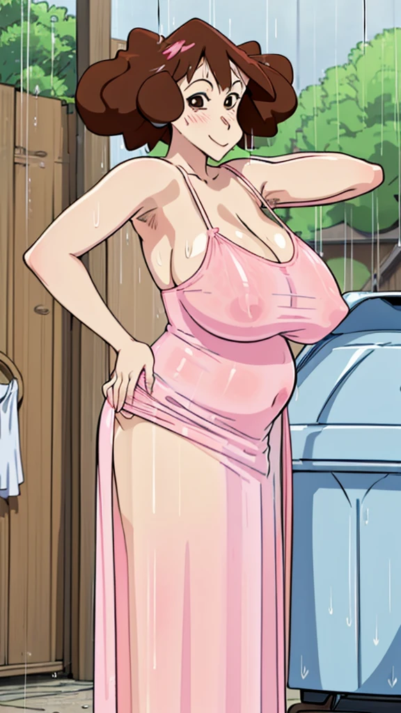 Misae Nohara, (Auntie:1.5), (Mature Woman:1.5), (absurderes, 8K, 4K, masutepiece, hyper extreme detailed:1.2), Best Quality, Perfect Anatomy,Perfect face,High humidity, (Huge breasts:1.7), (A sheer pink nightgown:1.4), (Wet:1.2), (.Alley:1.3), Graffitied wall, Garbage can, Scattered trash, (alone:1.5), (Brown eyes:1.2), (Clothing is revealing:1.2), Exposed shoulders, Torn clothes, Are pregnant, Firm breasts, Upturned nipples, Showing cleavage, Mole on chest, (Thick armpit hair:1.4), (blush:1.2), A kind smile, relief, peace of mind, (maternal:1.3), (Gentle look:1.5), Smiling face, (Outdoor:1.5), (Out:1.3), half closed eyes, naughty face, (rain:1.4), Plump