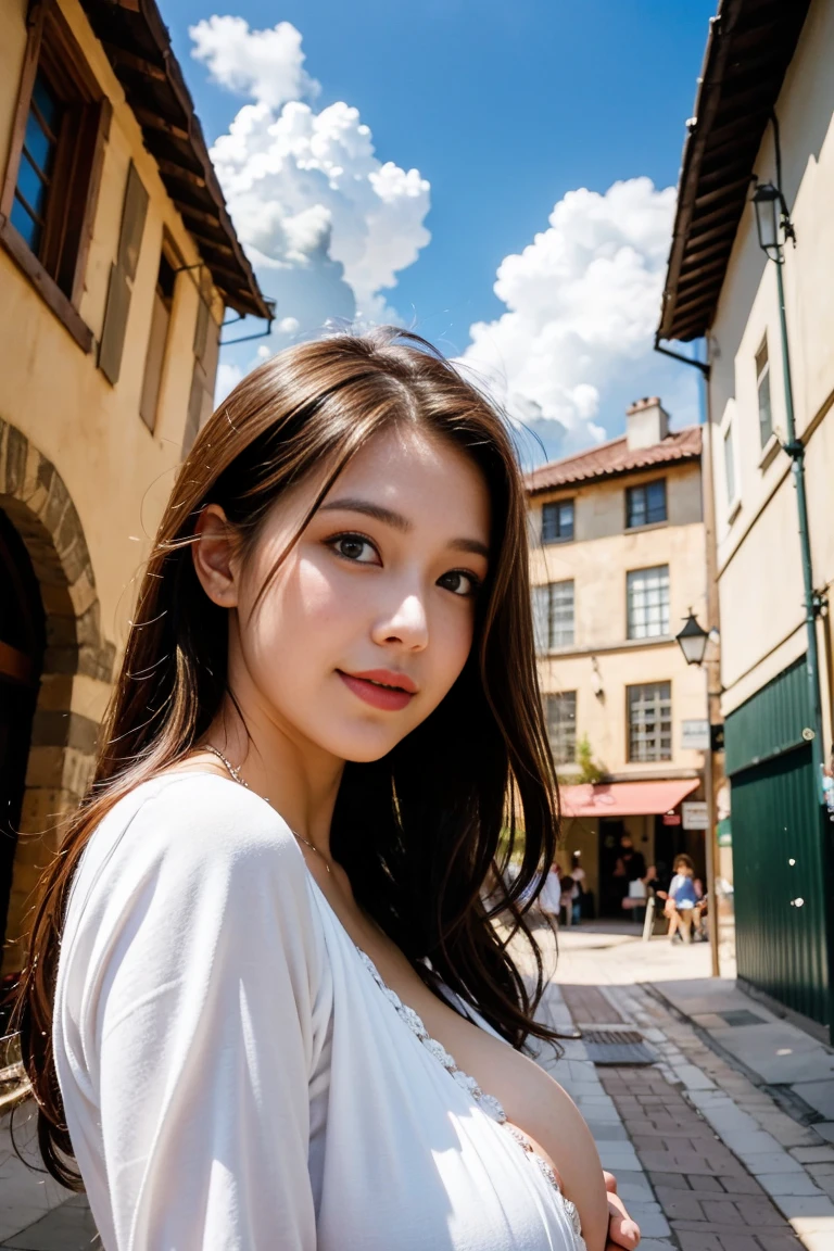 woman, Large Breasts, lips, Mischievous face, Medieval city, cloud, Maternal,