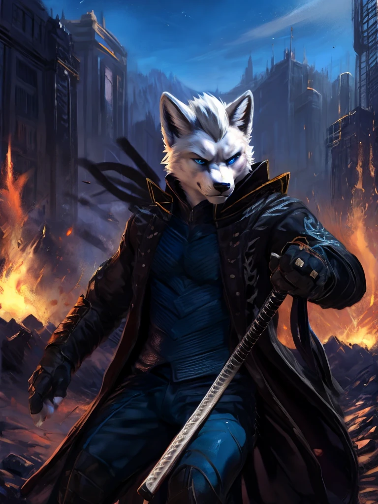 Vergil, blue clothing, robe, katana with white handle, devil may cry, white hair, slick back, blue eyes, cold stare, holding katana, detailed, realistic, dynamic pose, swinging katana, facing viewer, fight scene, running, detailed background, destroyed city background, fire, arctic fox, white fur, high quality, highest quality, by zackary911, by chunie, katana