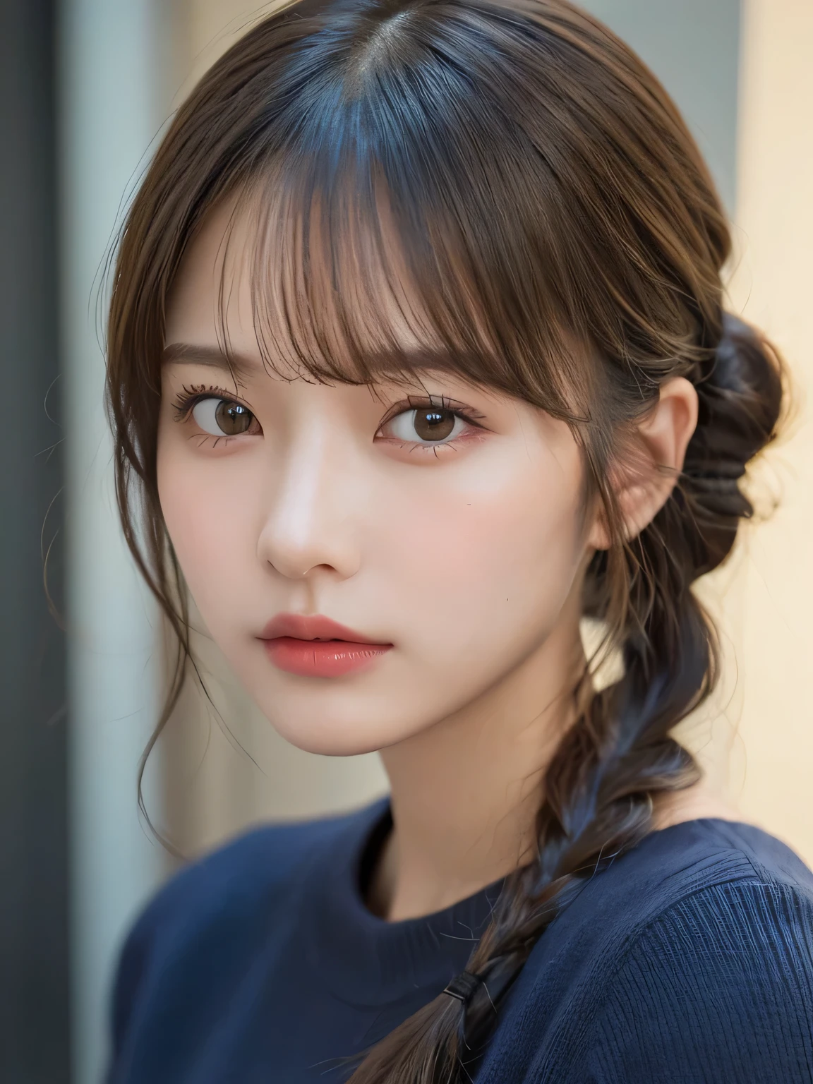 (masterpiece:1.3), (8K, Photorealistic, Raw photo, Best image quality: 1.4), 20-year-old girl、(Random Hairstyles:1.2)、Super detailed face、Attention to detail、double eyelid、Sharp focus:1.2、Beautiful woman:1.4、Light brown hair、ponytail、Natural color lip、Highest quality、masterpiece、Ultra-high resolution、(Photorealistic:1.4)、Highly detailed and professional lighting、Wear a dark blue sweater、thin、Serious expression、Clear Skin、Random pose、Shiny Hair、Sculpture model pose、ponytail、One-sided braid