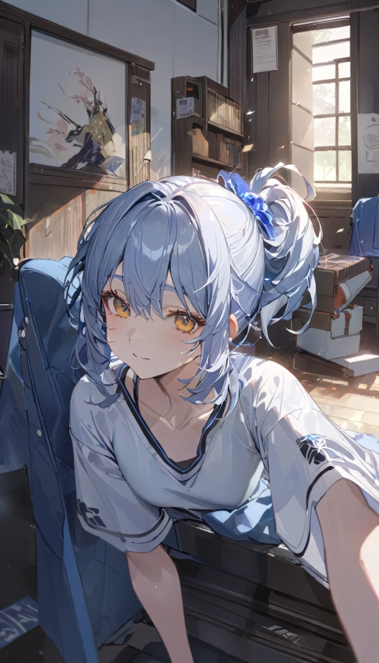 Ayaka, Long Blue Hair, Beautiful Face,smile,Close up to the hips, Mid-chest, Sit on the bed, Beautiful white pajamas, (Open your mouth:0.4),figure,Detailed Texture(Realist),Super detailed,Portrait Style,Vibrant colors,Soft lighting, Blushing, mature, No bra, Hair fluttering, Soft Breasts