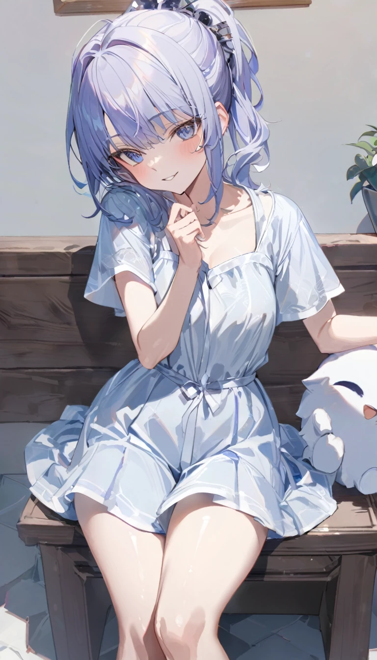 Ayaka, Long Blue Hair, Beautiful Face,smile,Close up to the hips, Mid-chest, Sit on the bed, Beautiful white pajamas, (Open your mouth:0.4),figure,Detailed Texture(Realist),Super detailed,Portrait Style,Vibrant colors,Soft lighting, Blushing, mature, No bra, Hair fluttering, Soft Breasts