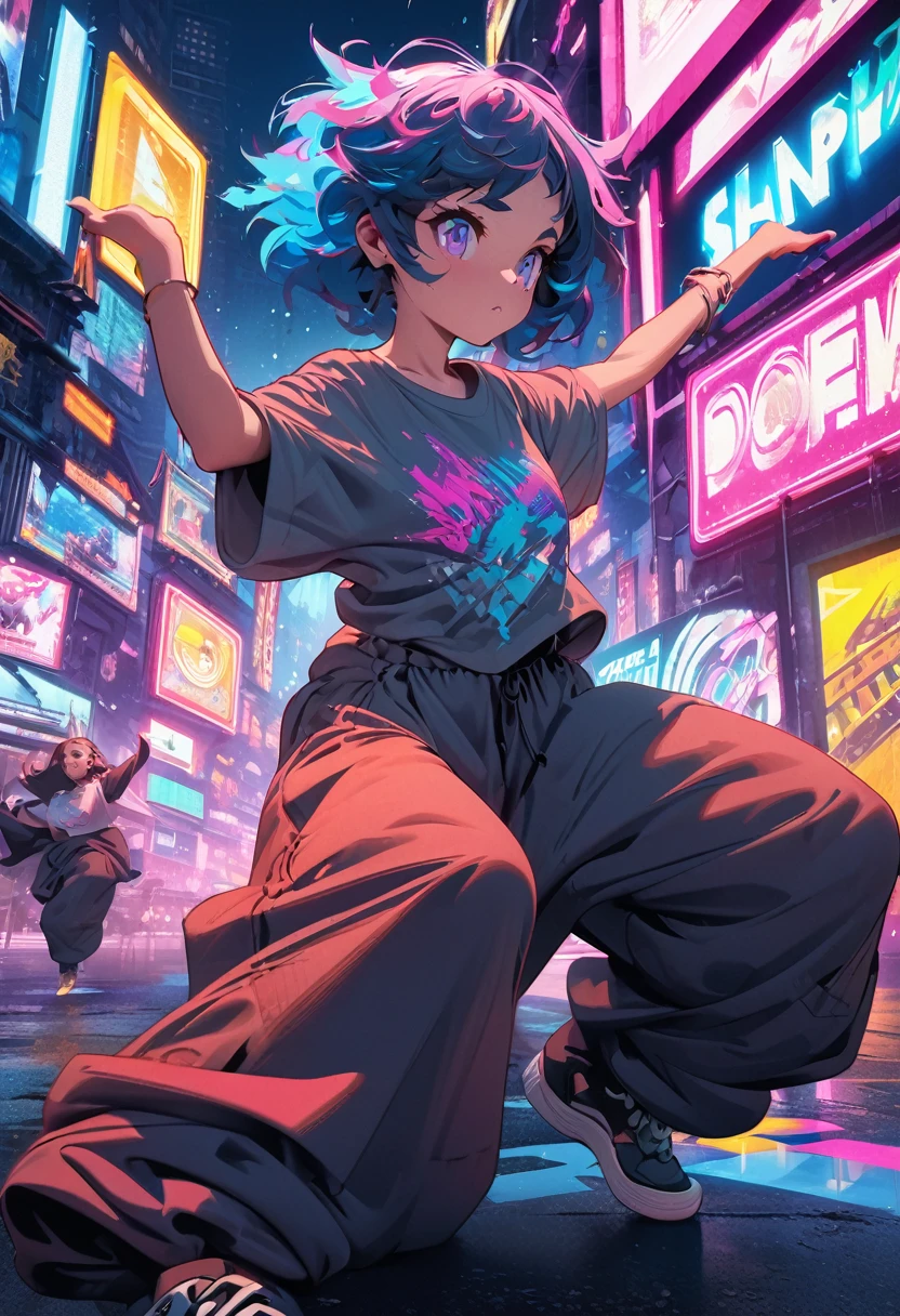 A cute anime girl performing dynamic popping moves, Her body is sharp, Precise movements. Dancer wearing oversized t-shirt and baggy pants, Popular dance poses, Urban Street Style, Loose clothing, Vibrant colors, Dynamic Movement, Street dance background, Futuristic cityscape with neon lights in the background. High-quality illustrations, Vibrant colors, Fine fabric texture. Color illustrations, Very detailed, high resolution, Digital style, Natural Lighting, masterpiece, HD, Rendered in Octane style, Surrealism.