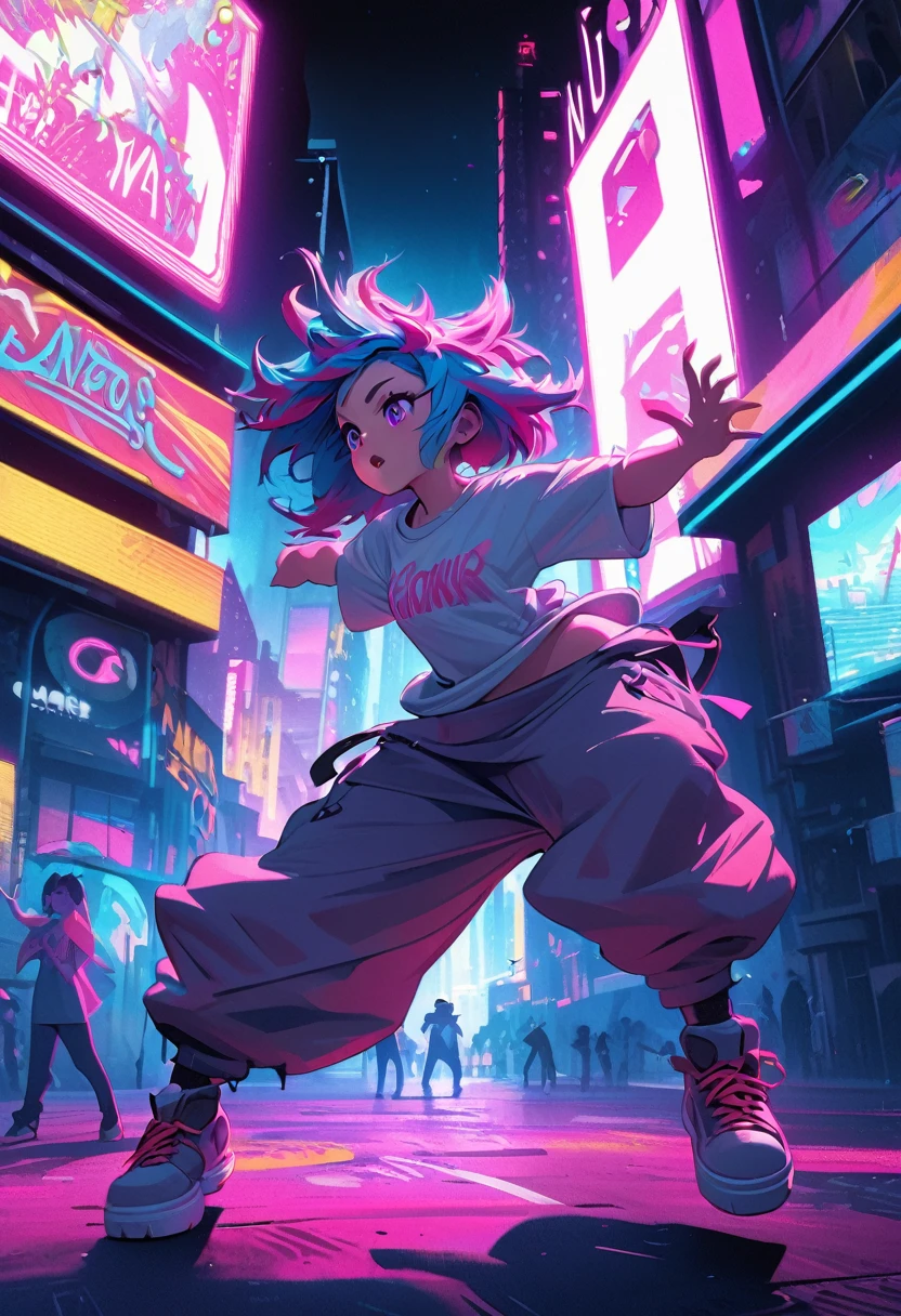 A cute anime girl performing dynamic popping moves, Her body is sharp, Precise movements. Dancer wearing oversized t-shirt and baggy pants, Popular dance poses, Urban Street Style, Loose clothing, Vibrant colors, Dynamic Movement, Street dance background, Futuristic cityscape with neon lights in the background. High-quality illustrations, Vibrant colors, Fine fabric texture. Color illustrations, Very detailed, high resolution, Digital style, Natural Lighting, masterpiece, HD, Rendered in Octane style, Surrealism.