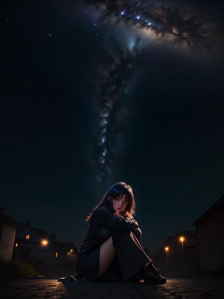 une femme assise par terre sous un ciel nocturne avec des étoiles, scène d'anime, beautiful scène d'anime, par Shingei, incredible scène de film d'animation, Takato Yamamoto Esthétique, animé atmosphérique, Conrad Roset et Makoto Shinkai, Takato Yomamoto. 4k, scène de film d'animation, Mamoru Hosoda, par Yoshio Markino, fond d'anime