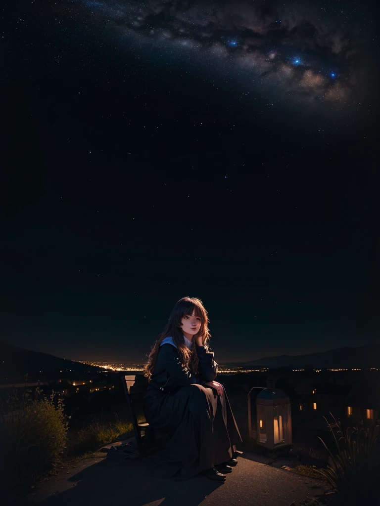 une femme assise par terre sous un ciel nocturne avec des étoiles, scène d'anime, beautiful scène d'anime, par Shingei, incredible scène de film d'animation, Takato Yamamoto Esthétique, animé atmosphérique, Conrad Roset et Makoto Shinkai, Takato Yomamoto. 4k, scène de film d'animation, Mamoru Hosoda, par Yoshio Markino, fond d'anime