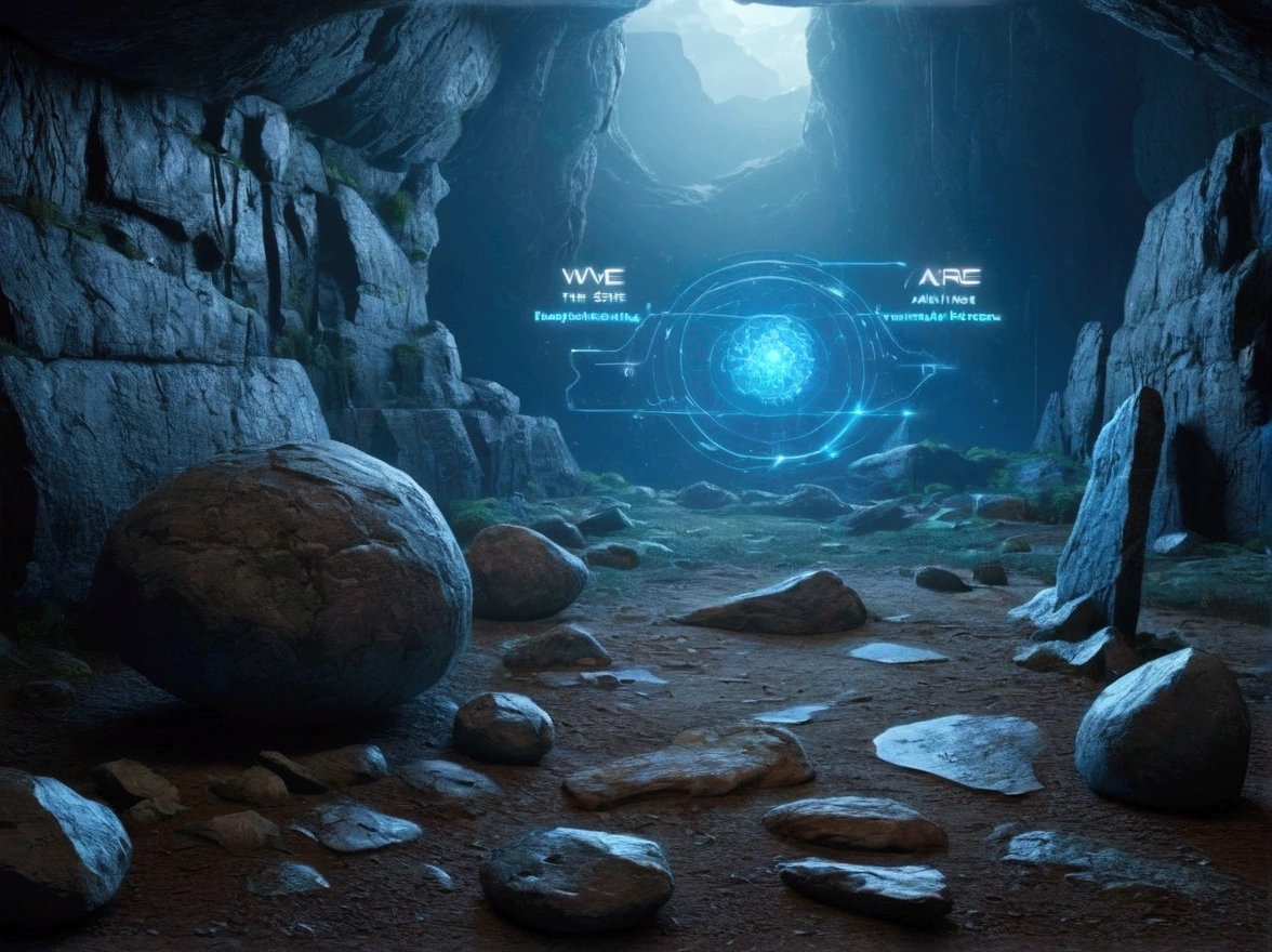 An intriguing image showing a timeline that transitions from the Stone Age to the modern era of AI. On the left, depict a primitive scene with stone tools, and on the right, show advanced AI icons and holographic interfaces. The text "We are in the Stone Age of AI" is prominently displayed in blue. The background should blend from a rustic stone texture to a sleek, futuristic design.
