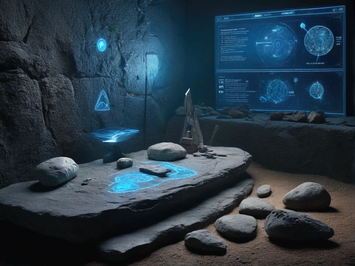 An intriguing image showing a timeline that transitions from the Stone Age to the modern era of AI. On the left, depict a primitive scene with stone tools, and on the right, show advanced AI icons and holographic interfaces. The text "We are in the Stone Age of AI" is prominently displayed in blue. The background should blend from a rustic stone texture to a sleek, futuristic design.