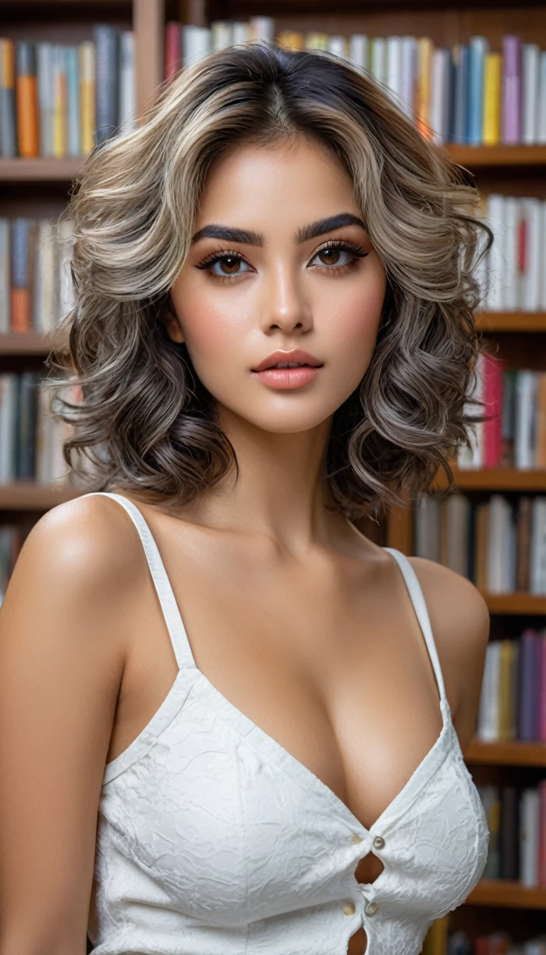 (((beautiful beautiful Isabela Merced, posing for photoshots, looking sexy, closed lips, extremely beautiful eyes))), ((wearing floral silver necklace)), realistic photoshotgraph, highy detailed, Spitz focus, (Main lighting), (indoor bookstore environment), work of art, very short and curly hair, bangss, bangss covering forehead, ((Short blonde hair, selvagem e cacheado e bangss:1.2)) extremely beautiful, Perfect beauty, (perfect shape body, Broad Hips, small waist, thick-thighs, firm abs, Body cute, sexy legs, gorgeous knees knees, kneecaps, focus on the knees, breasts small), ((30 years old)), (extremely detaild 8k wallpaper), ((face detailed)), (((wearing white shirt, saia curta de tweed, kneecaps, knees, nylons with a seam, Strad sandals)), (long dark eyelashes), (((aretes))), (looking at the camera), (((kneecaps)))) (glamor model), (seductive facial expression) (((standing between tall shelves full of books))), extremely detaild, work of art, details Intricate, highy detailed, Spitz focus, skin detailed, realistic skin texture, texture, detailedeyes, high resolution, kodak vision color, photoshot_\(ultra\), Post-processing, maximum detail, roughness, real-life, ultra realistic, photoshotrealism, photoshotgraphy, absurderes, RAW photoshot, highest quallity, high detail RAW color photoshot, professional photoshot, extremely detaild UHD 8k wallpaper unit, best qualityer, high resolution, (work of art, maximum quality, high resolution:1.4), photoshot, cinematic, Film grain, Spitz, soft natural light, magic photoshotgraphy, super verbose