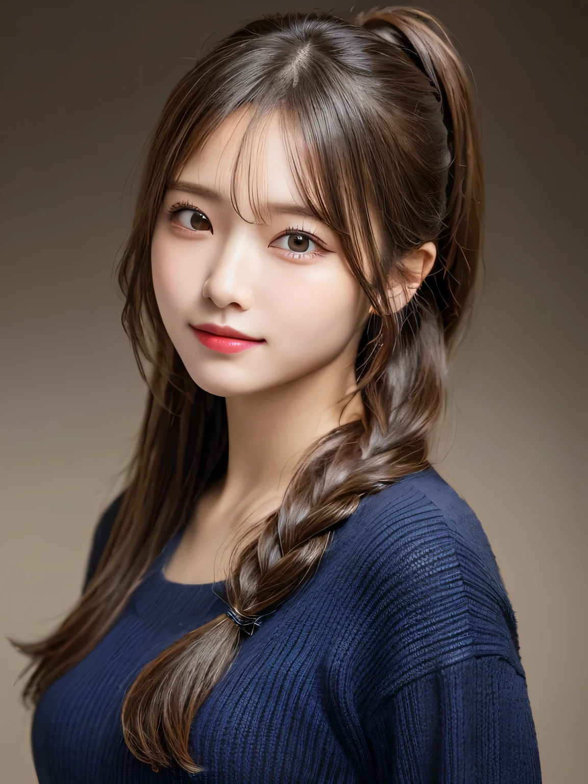(masterpiece:1.3), (8K, Photorealistic, Raw photo, Best image quality: 1.4), 20-year-old girl、(Random Hairstyles:1.2)、Super detailed face、Attention to detail、double eyelid、Sharp focus:1.2、Beautiful woman:1.4、Light brown hair、ponytail、Natural color lip、Highest quality、masterpiece、Ultra-high resolution、(Photorealistic:1.4)、Highly detailed and professional lighting、Wear a dark blue sweater、thin、Serious expression、Clear Skin、Random pose、Shiny Hair、Sculpture model pose、ponytail、One-sided braid、smile