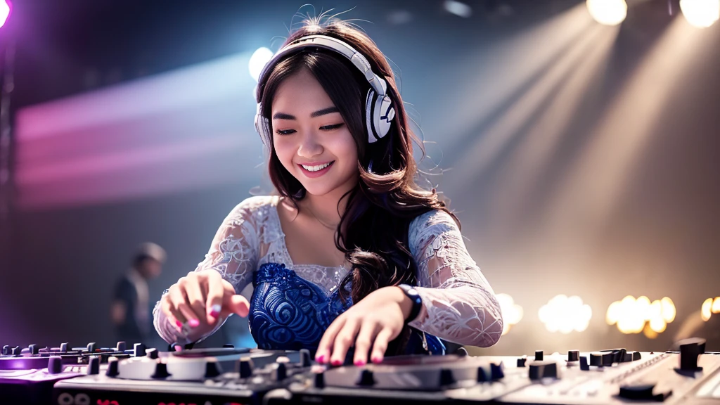 (ultra - detailed, 16K resolution, Cinema lenses, rendering by octane), (high resolution:1.18), intricate detail, (masterpiece:1.1), (highest quality:1.1),1 Indonesian girl, long hair, shy, medium portrait, watery eyes, wearing blue kebaya, well-proportioned body,, chubby massive thighs, hena art the face, Wearing DJ headphones, Smile while DJing on stage, The spotlight shines on the female DJ. DJ Controller with Neon, Super vibrant music lights, (cute round face:1.3), perfect fingers, five fingers, beautiful hands, perfect hands. master peace, cute smile.