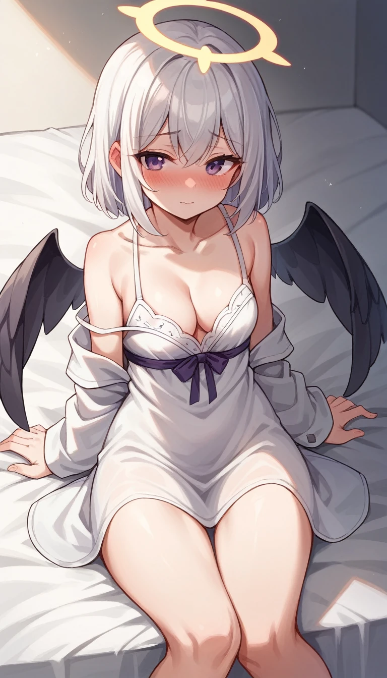 I lay on the bed with azusad and wore a thin nightdress
,two_wings,absurdres,Yellow_halo,white_hair,blush,cleavage,closed_mouth,halo,small_breasts,nose_blush,off_shoulder,thigh,white_shirt,best quality,purple eyes