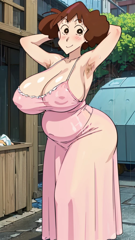 Misae Nohara, (Auntie:1.5), (Mature Woman:1.5), (absurderes, 8K, 4K, masutepiece, hyper extreme detailed:1.2), Best Quality, Perfect Anatomy,Perfect face,High humidity, (Huge breasts:1.7), (A sheer pink nightgown:1.4), (Wet:1.2), (.Alley:1.3), Graffitied wall, Garbage can, Scattered trash, (alone:1.5), (Brown eyes:1.2), (Clothing is revealing:1.2), Exposed shoulders, Torn clothes, Are pregnant, Firm breasts, Upturned nipples, Showing cleavage, Mole on chest, (Thick armpit hair:1.4), (blush:1.2), A kind smile, relief, peace of mind, (maternal:1.3), (Gentle look:1.5), Smiling face, (Outdoor:1.5), (Out:1.3), half closed eyes, naughty face, (rain:1.4), Plump