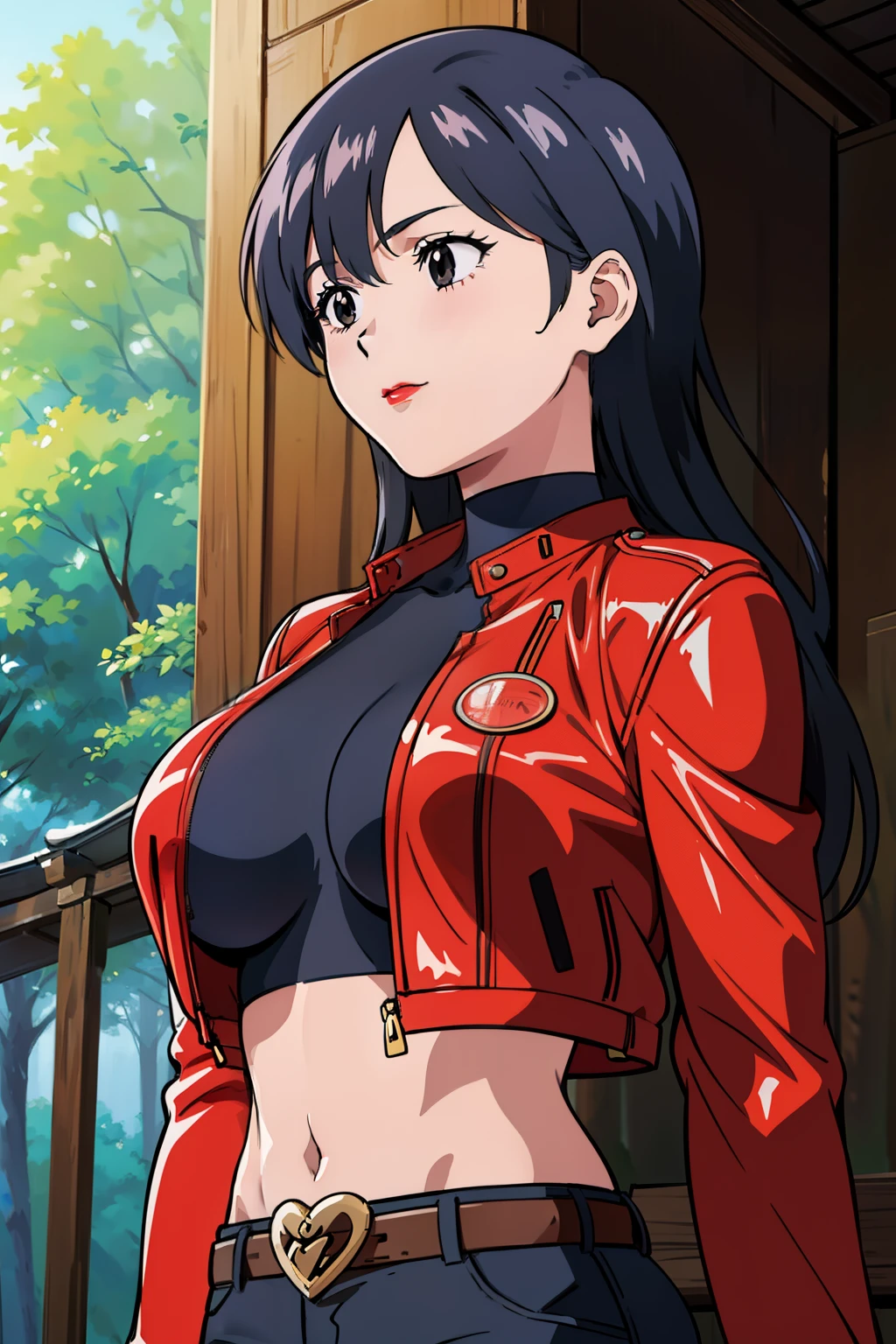 mikictr, 1girl, solo, black eyes, closed mouth, lipstick, large breasts, red jacket, cropped jacket, long sleeves, open jacket, crop top, midriff, navel, upper body, standing, belt, blue short shorts, tree, forest, shinto temple 