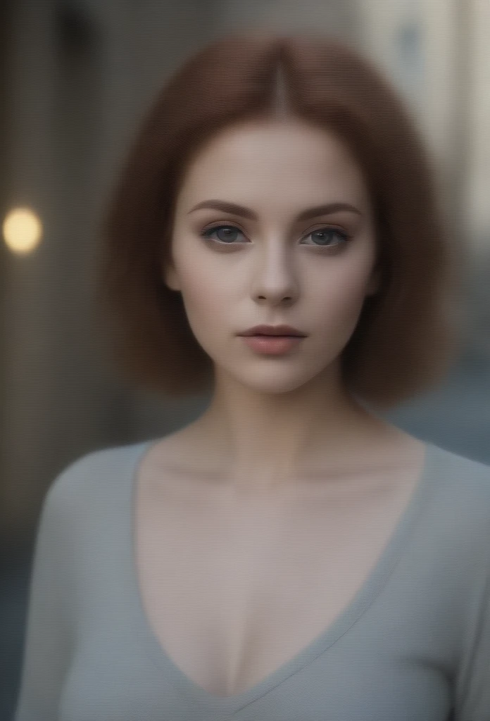 A young woman poses on a quiet street in a resort town. The girl has extremely detailed eyes, beautiful lips, long eyelashes and perfect anatomy. Her fragile body and hands are worked out to the smallest detail, with realistic, photorealistic and the highest quality rendering. The lighting is Rembrandt-esque, creating a dramatic, masterpiece scene. She has a European appearance, with a cute oval face, short red hair and huge breasts. The woman poses in a retro style, looking like a high quality work of photographer David Dubnitsky. Her pale skin shows pores and moles, and she is wearing a tight T-shirt and short shorts. She removes the short shorts and exposes her bare pussy. The scene was shot on a DSLR camera in 8K UHD resolution, with soft lighting and film grain.