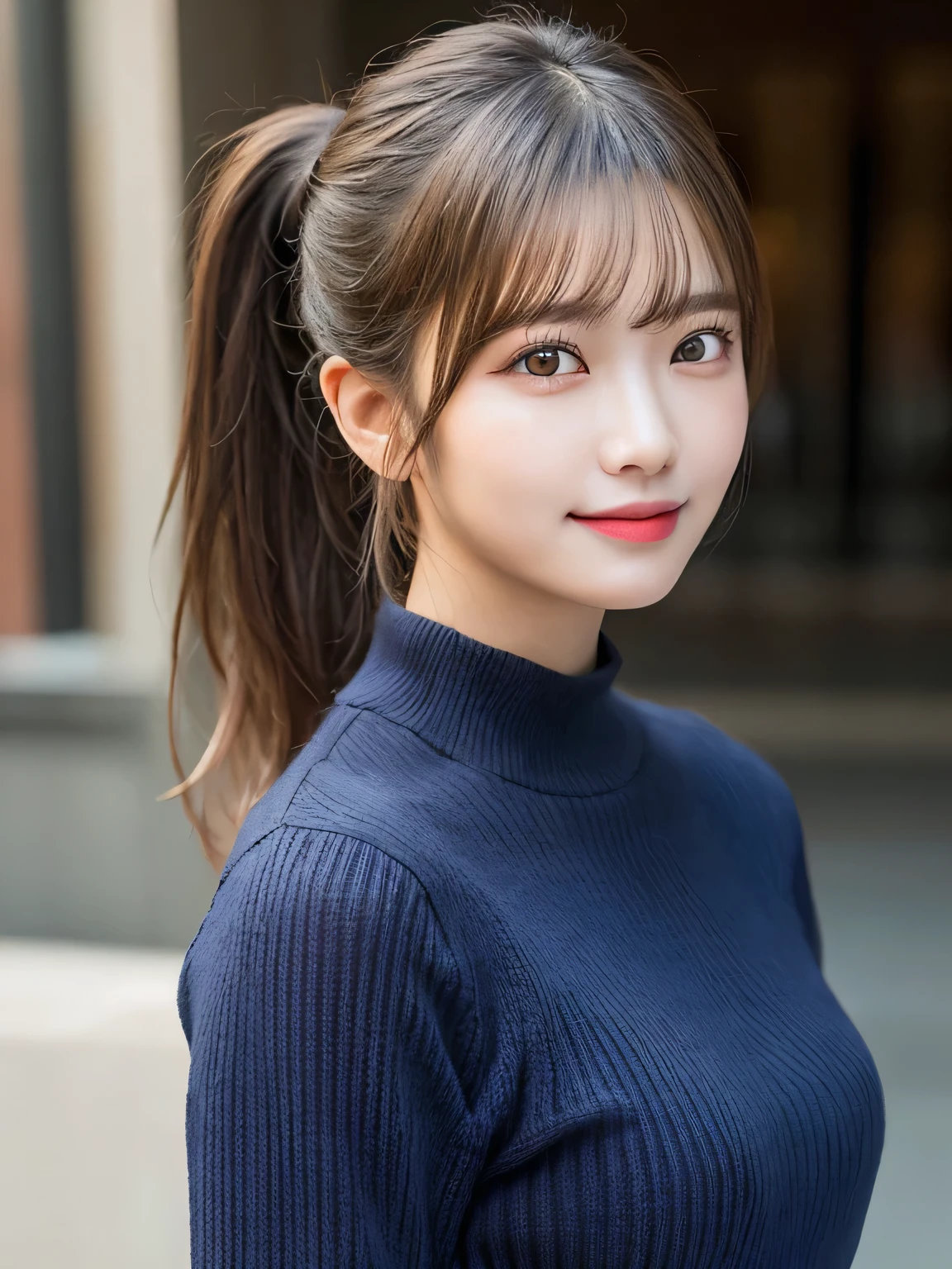 (masterpiece:1.3), (8K, Photorealistic, Raw photo, Best image quality: 1.4), 20-year-old girl、(Random Hairstyles:1.2)、Super detailed face、Attention to detail、double eyelid、Sharp focus:1.2、Beautiful woman:1.4、Light brown hair、ponytail、Natural color lip、Highest quality、masterpiece、Ultra-high resolution、(Photorealistic:1.4)、Highly detailed and professional lighting、Wear a dark blue sweater、thin、Serious expression、Clear Skin、Random pose、Shiny Hair、Sculpture model pose、ponytail、One-sided braid、smile