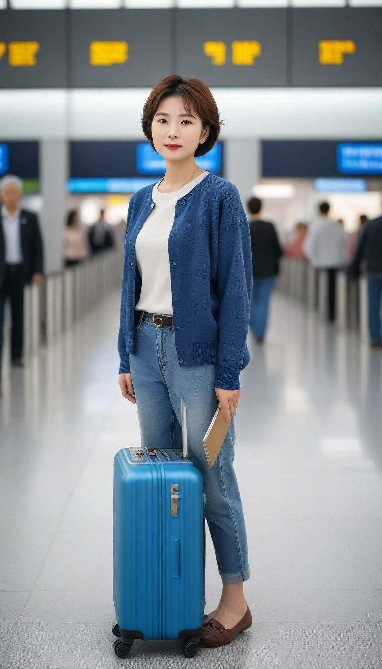 Beautiful 50s Korean woman , 32 inch chest size, Your eyes are big and pretty. Short in stature. Standing in the departure hall of the airport. . short medium hair, Standing in line at the departure hall of Frankfurt Airport, Germany. Wear comfortable travel clothes with jeans. I wore a crumpled jumper .Dragging a suitcase. short medium hair, short height, Full body shot with Canon camera 16-35 wide angle lens, short medium hair. expressionless, full body shot, perfect fingers, Make the airport electronic display visible, 멀리 full body shot, I see an electronic display board, short woman, Standing in line at the airport departure hall
