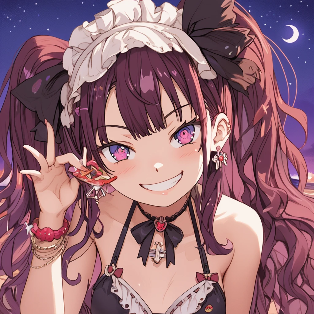 Pontuação_9 pontuação_8_acima, girl,hair long messy brown,eyes purple,bikini dark red,big much ,face smug,background night beach
