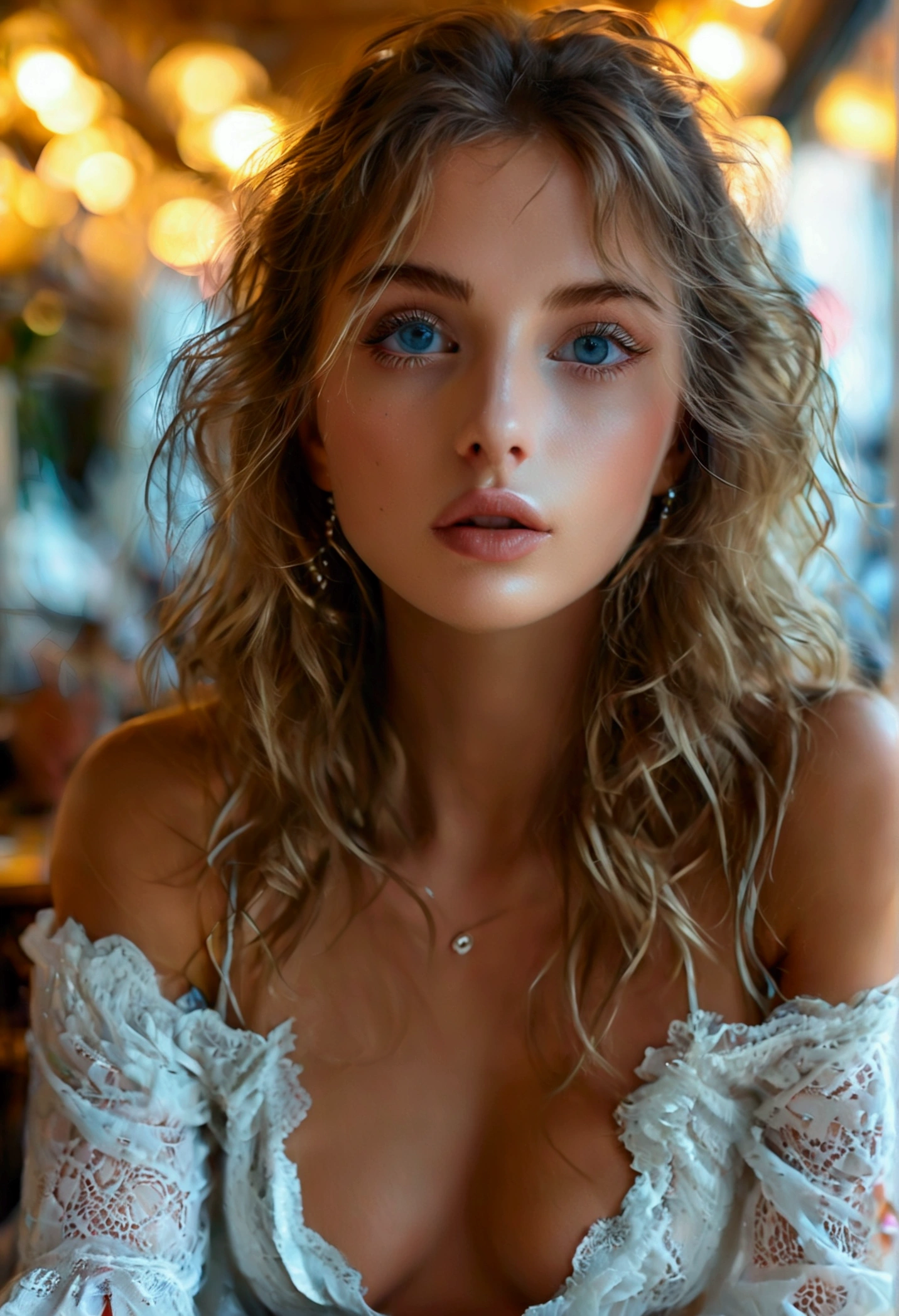 (8K, 4K, best quality, Tops:1.2), 1fille, alone, nice face, Cils, nose, shiny lips, (detailed eyes, En regardant le spectateur, Peau propre, skin white:1.5), 25 ans, Bronze, complexion with, bare, Longhaire, wavy hair, smalll , cheveux blonds, bare shoulders, yeux bruns, Joaillerie, full body, corps sexy, ws a white patterned dress sitting in a cafe tarasse with Paris in aerial view . whole body