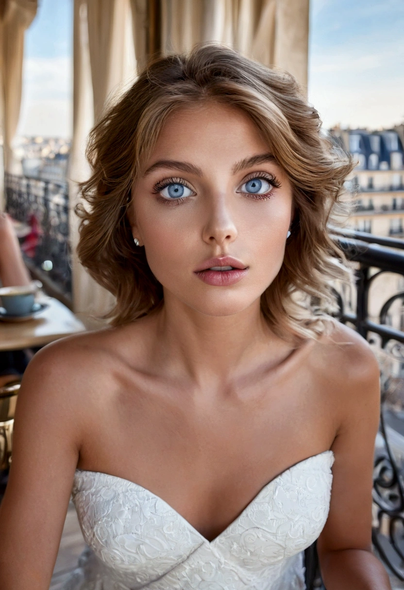 (8K, 4K, best quality, Tops:1.2),  1fille, alone, nice face, Cils, nose, shiny lips, (detailed eyes, En regardant le spectateur, Peau propre, skin white:1.5), 25 ans, Bronze, complexion with, bare, Longhaire, wavy hair, smalll breasts, cheveux blonds, bare shoulders, yeux bruns, Joaillerie, full  body, corps sexy, wears a white patterned dress sitting in a cafe tarasse with Paris in aerial view . whole body